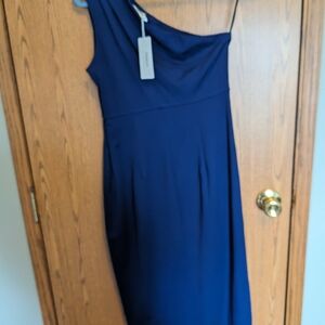 One-Shoulder Navy Evening Dress with Drape Detail